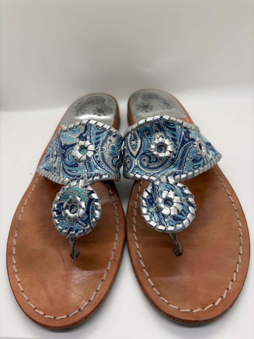 Jack Rogers Blue Paisley Thong Sandals with Silver Accents